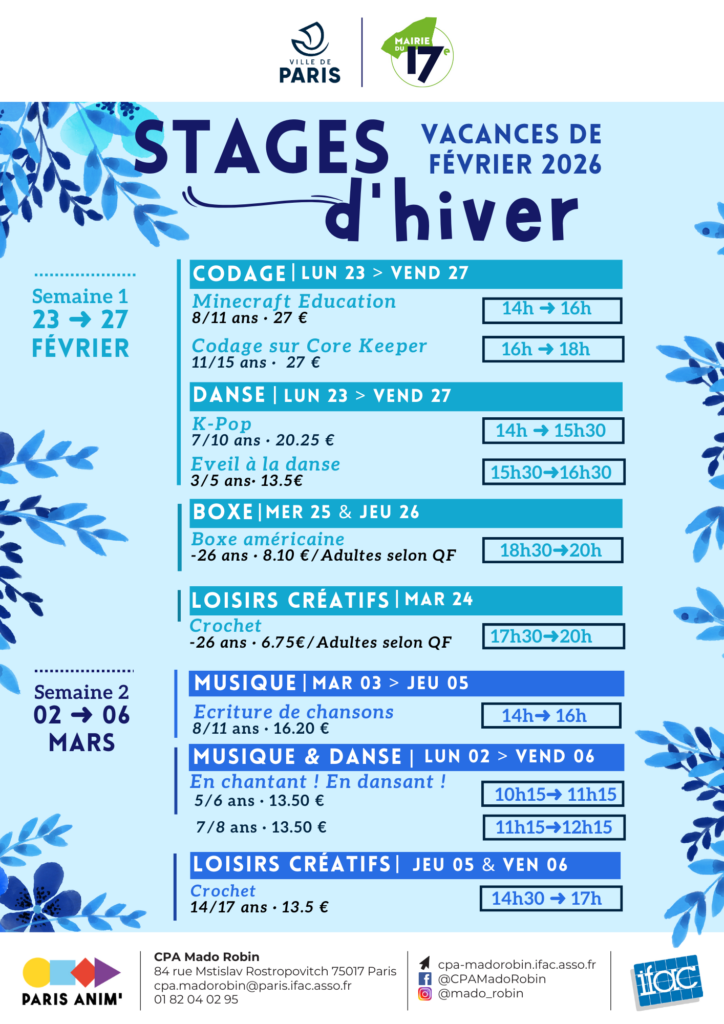 Les stages de février 2026 - Mado Robin