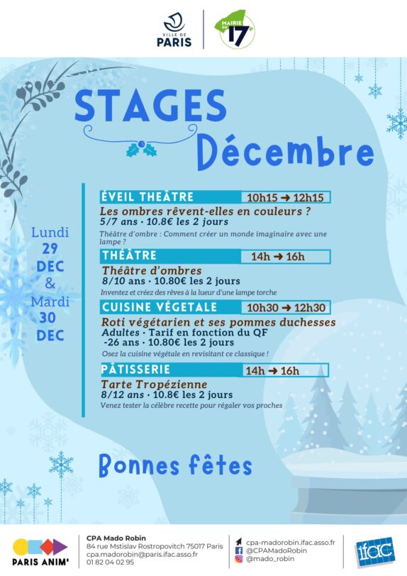 Nos stages de décembre – les 29 et 30 décembre